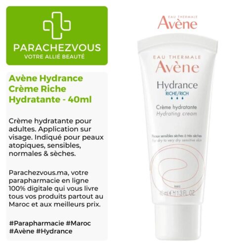 Produit de la marque Avène Hydrance Crème Riche Hydratante - 40ml sur un fond blanc, vert et gris avec un logo Parachezvous et celui de la marque Avène ainsi qu'une description qui détail les informations du produit