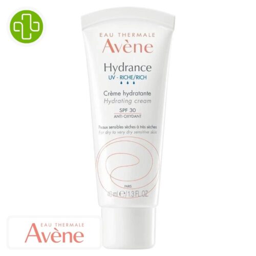 Produit de la marque Avène Hydrance UV Crème Riche Hydratante - 40ml sur un fond blanc avec un logo Parachezvous et celui de de la marque Avène