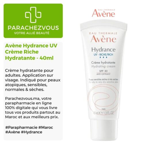 Produit de la marque Avène Hydrance UV Crème Riche Hydratante - 40ml sur un fond blanc, vert et gris avec un logo Parachezvous et celui de la marque Avène ainsi qu'une description qui détail les informations du produit