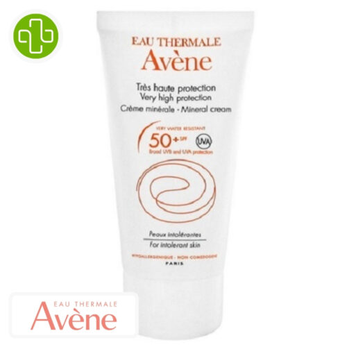 Produit de la marque Avène Solaire Crème Minérale Invisible Spf50 - 50ml sur un fond blanc avec un logo Parachezvous et celui de de la marque Avène