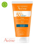 Produit de la marque Avène Solaire Fluide Invisible Toucher Sec Spf50 - 50ml sur un fond blanc avec un logo Parachezvous et celui de de la marque Avène