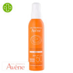 Produit de la marque Avène Solaire Spray Résistant à l'Eau sans Effet Blanc Spf50 - 200ml sur un fond blanc avec un logo Parachezvous et celui de de la marque Avène