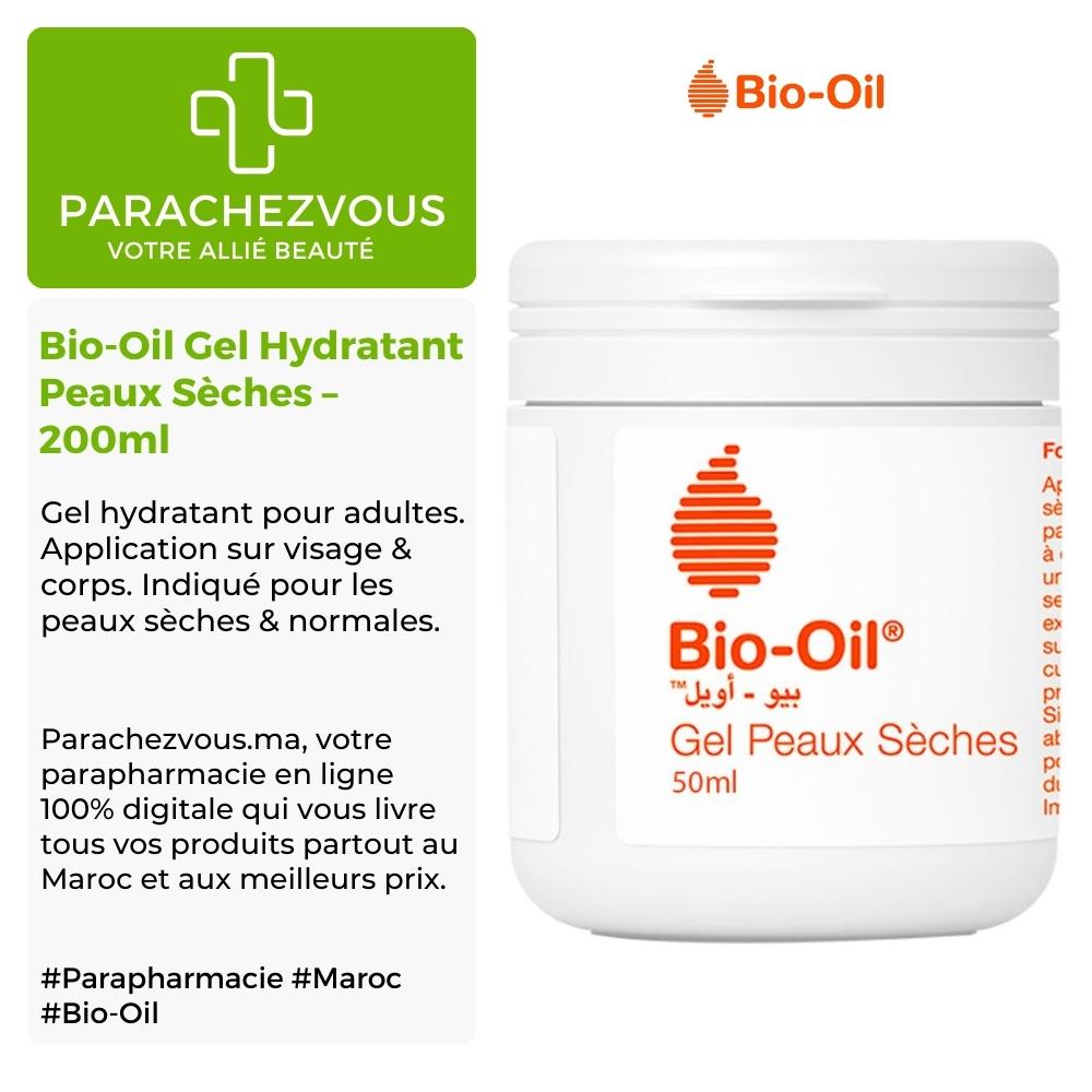 Produit de la marque bio-oil gel hydratant peaux sèches - 200ml sur un fond blanc, vert et gris avec un logo parachezvous et celui de la marque bio-oil ainsi qu'une description qui détail les informations du produit