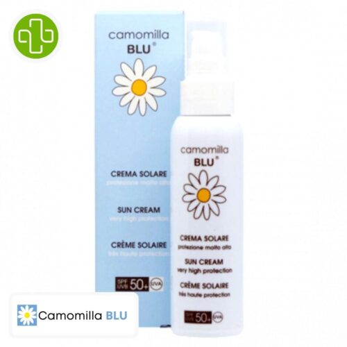Produit de la marque Camomilla Blu Crème Solaire Spf50 - 100ml sur un fond blanc avec un logo Parachezvous et celui de de la marque Camomilla Blu