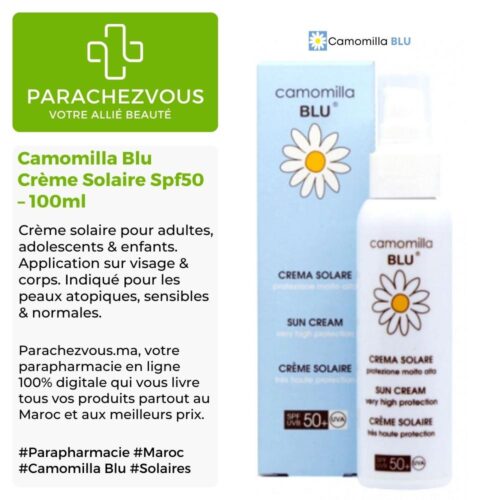 Produit de la marque Camomilla Blu Crème Solaire Spf50 - 100ml sur un fond blanc, vert et gris avec un logo Parachezvous et celui de la marque Camomilla Blu ainsi qu'une description qui détail les informations du produit