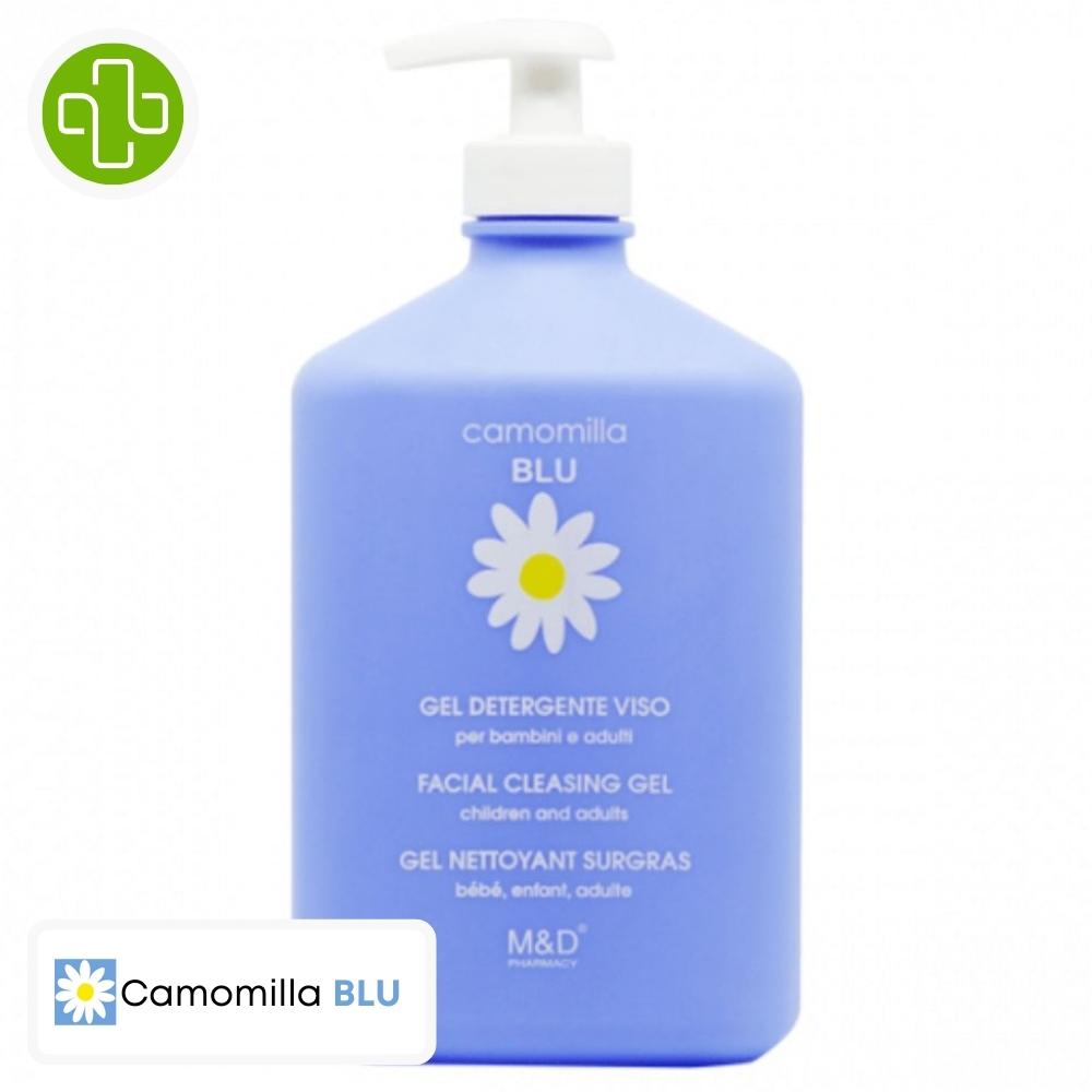 Produit de la marque camomilla blu gel nettoyant surgras visage - 500ml sur un fond blanc avec un logo parachezvous et celui de de la marque camomilla blu