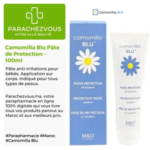 Produit de la marque Camomilla Blu Pâte de Protection - 100ml sur un fond blanc, vert et gris avec un logo Parachezvous et celui de la marque Camomilla Blu ainsi qu'une description qui détail les informations du produit