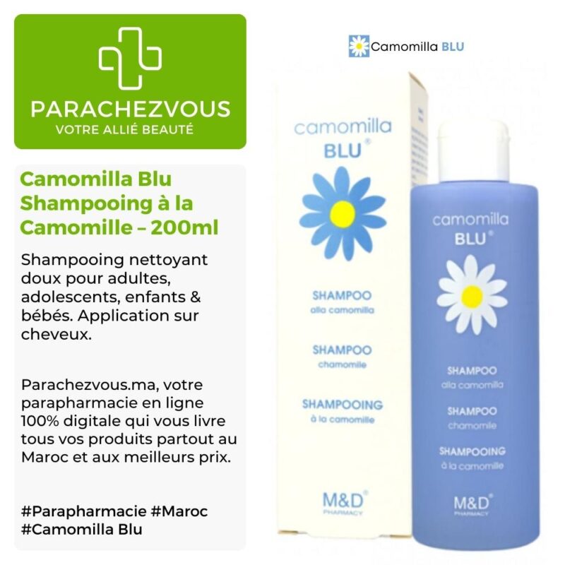 Produit de la marque camomilla blu shampooing à la camomille - 200ml sur un fond blanc, vert et gris avec un logo parachezvous et celui de la marque camomilla blu ainsi qu'une description qui détail les informations du produit