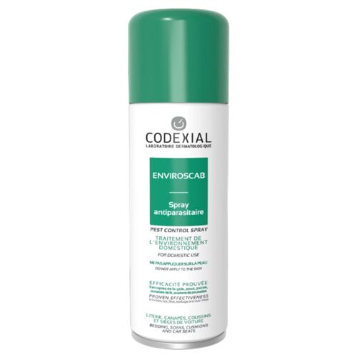 Produit de la marque codexial enviroscab aérosol anti-parasitaire - 200ml sur un fond blanc avec un logo parachezvous et celui de de la marque codexial