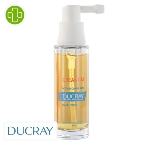 Produit de la marque Ducray Creastim Lotion Anti-Chute de Cheveux Occasionelle - 2x30ml sur un fond blanc avec un logo Parachezvous et celui de de la marque DUCRAY