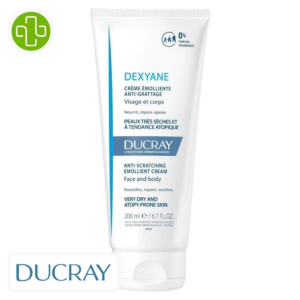 Produit de la marque ducray dexyane crème émolliente anti-grattage - 200ml sur un fond blanc avec un logo parachezvous et celui de d1la marque ducray
