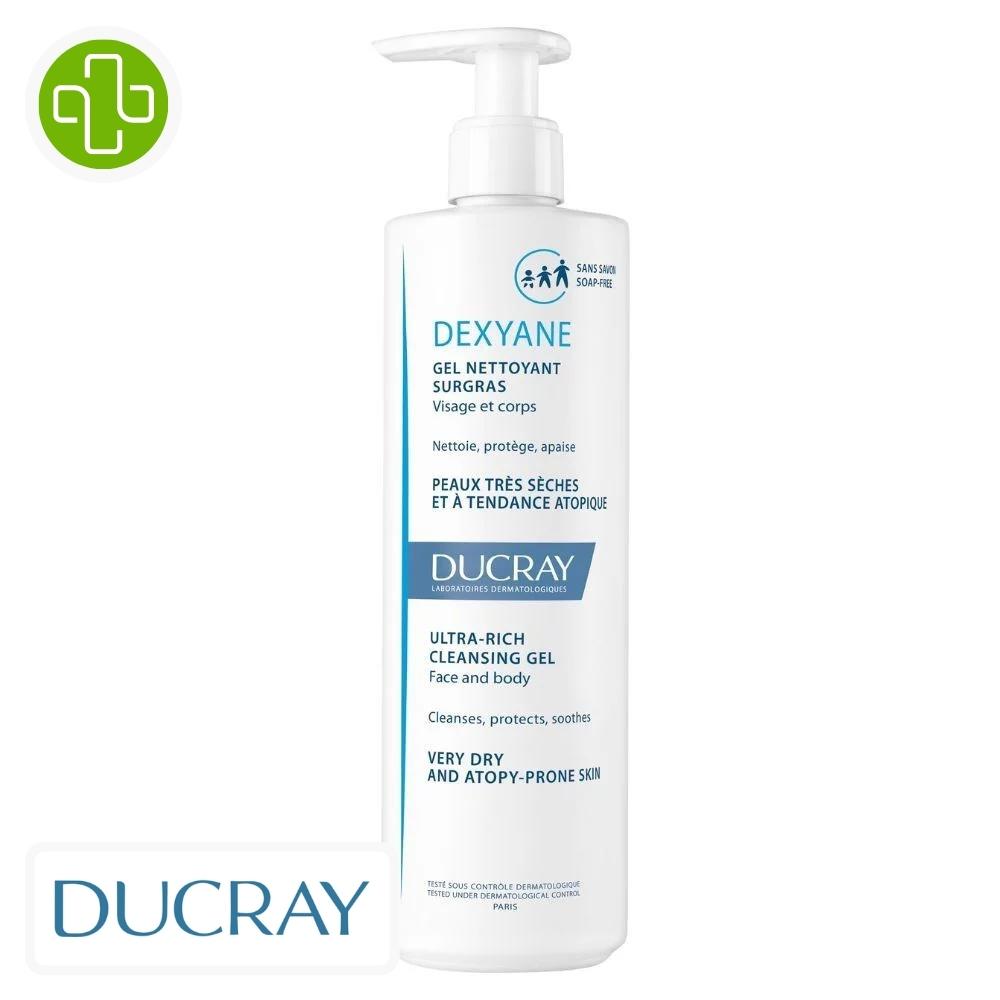 Produit de la marque ducray dexyane gel nettoyant surgras - 400ml sur un fond blanc avec un logo parachezvous et celui de de la marque ducray