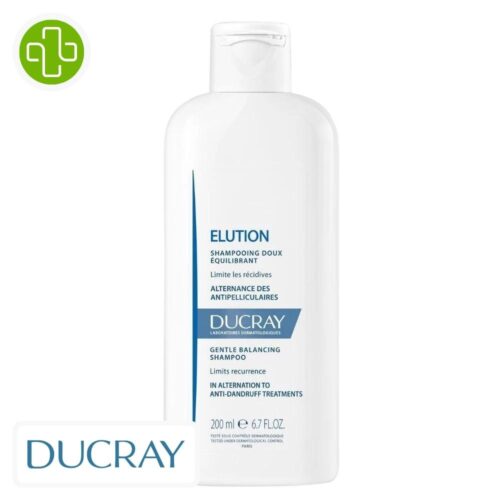 Produit de la marque Ducray Elution Shampooing Doux Équilibrant Anti-Pelliculaire - 200ml sur un fond blanc avec un logo Parachezvous et celui de la marque DUCRAY