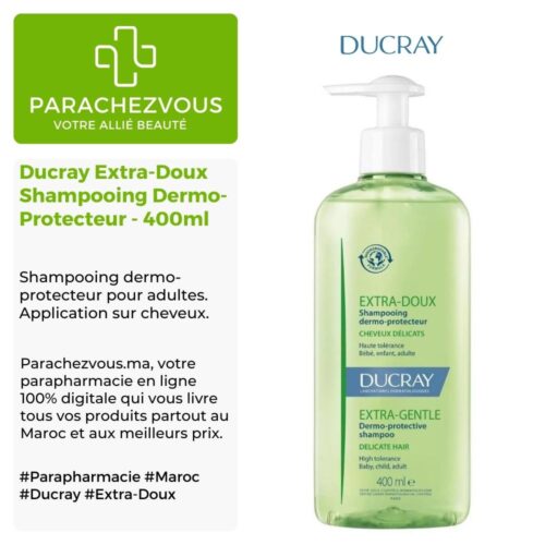 Produit de la marque Ducray Extra-Doux Shampooing Dermo-Protecteur - 400ml sur un fond blanc, vert et gris avec un logo Parachezvous et celui de la marque DUCRAY ainsi qu'une description qui détail les informations du produit