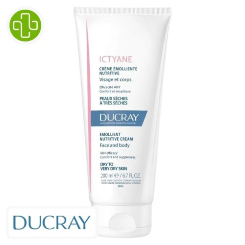 Produit de la marque Ducray Ictyane Crème Émolliente Nutritive 48h - 200ml sur un fond blanc avec un logo Parachezvous et celui de D1la marque DUCRAY
