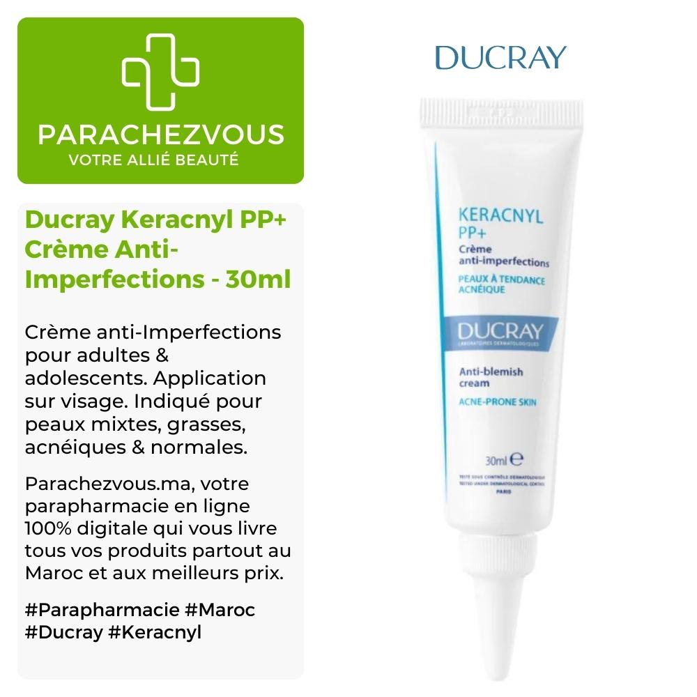 Produit de la marque ducray keracnyl pp+ crème anti-imperfections - 30ml sur un fond blanc, vert et gris avec un logo parachezvous et celui de la marque ducray ainsi qu'une description qui détail les informations du produit