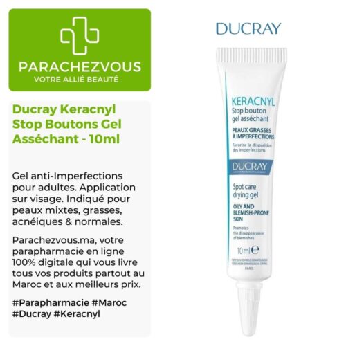 Produit de la marque Ducray Keracnyl Stop Boutons Gel Asséchant - 10ml sur un fond blanc, vert et gris avec un logo Parachezvous et celui de la marque DUCRAY ainsi qu'une description qui détail les informations du produit