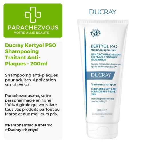 Produit de la marque Ducray Kertyol PSO Shampooing Traitant Anti-Plaques - 200ml sur un fond blanc, vert et gris avec un logo Parachezvous et celui de la marque DUCRAY ainsi qu'une description qui détail les informations du produit