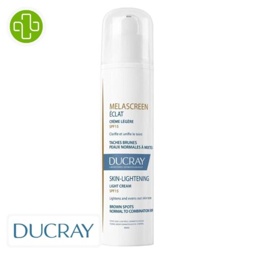 Produit de la marque Ducray Melascreen Crème Légère Éclat Anti-Taches Spf15 - 40ml sur un fond blanc avec un logo Parachezvous et celui de de la marque DUCRAY
