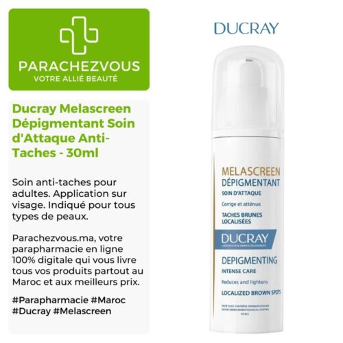 Produit de la marque Ducray Melascreen Dépigmentant Soin d'Attaque Anti-Taches - 30ml sur un fond blanc, vert et gris avec un logo Parachezvous et celui de la marque DUCRAY ainsi qu'une description qui détail les informations du produit