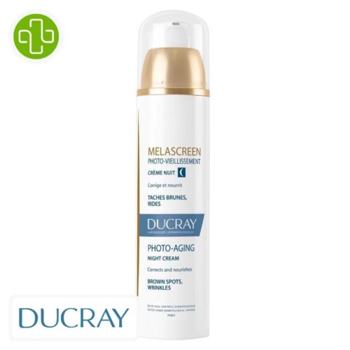 Produit de la marque Ducray Melascreen Photo-Vieillissement Crème Nuit Anti-Taches Anti-Âge - 50ml sur un fond blanc avec un logo Parachezvous et celui de de la marque DUCRAY