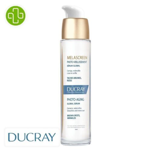 Produit de la marque Ducray Melascreen Photo-Vieillissement Sérum Global Anti-Taches Anti-Âge - 30ml sur un fond blanc avec un logo Parachezvous et celui de de la marque DUCRAY