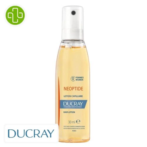 Produit de la marque Ducray Neoptide Lotion Anti-Chute Femmes - 3x30ml sur un fond blanc avec un logo Parachezvous et celui de de la marque DUCRAY