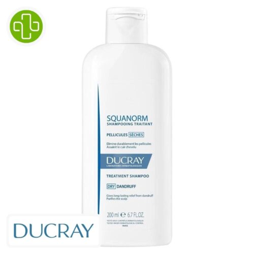 Produit de la marque Ducray Squanorm Shampooing Traitant Anti-Pelliculaire Pellicules Sèches - 200ml sur un fond blanc avec un logo Parachezvous et celui de D1la marque DUCRAY