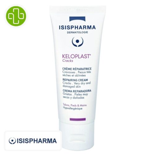 Produit de la marque Isispharma Keloplast Cracks Crème Réparatrice – 40ml sur un fond blanc avec un logo Parachezvous et celui de de la marque Isispharma