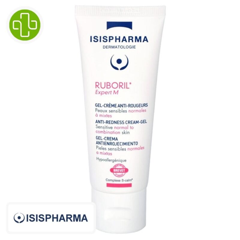 Produit de la marque isispharma ruboril expert m gel-crème anti-rougeurs – 40ml sur un fond blanc avec un logo parachezvous et celui de de la marque isispharma