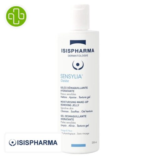Produit de la marque Isispharma Sensylia Gelée Démaquillante Hydratante – 250ml sur un fond blanc avec un logo Parachezvous et celui de de la marque Isispharma