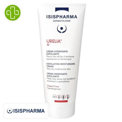 Produit de la marque Isispharma Urelia 10 Crème Hydratante – 150ml sur un fond blanc avec un logo Parachezvous et celui de de la marque Isispharma