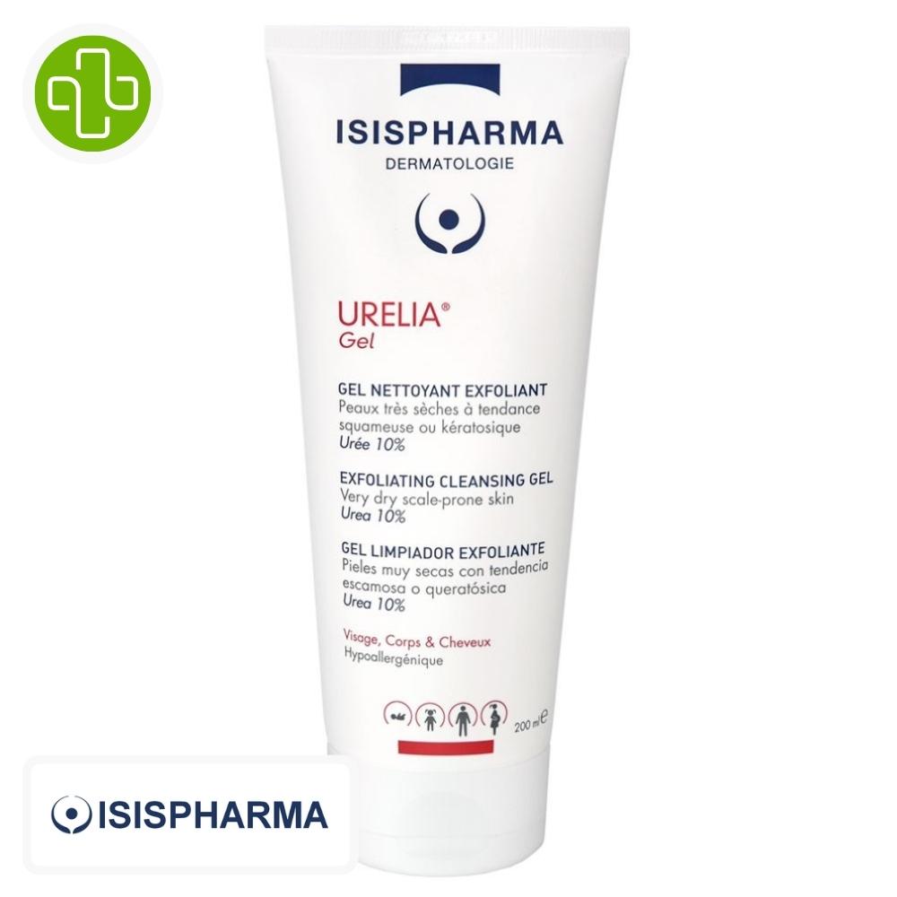 Produit de la marque isispharma urelia gel nettoyant exfoliant – 200ml sur un fond blanc avec un logo parachezvous et celui de de la marque isispharma