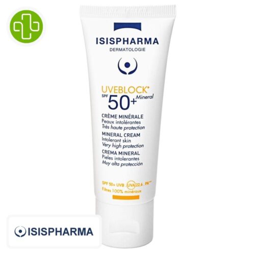 Produit de la marque Isispharma UVEBlock Crème Solaire Minérale Invisible Spf50 – 40ml sur un fond blanc avec un logo Parachezvous et celui de de la marque Isispharma