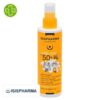 Produit de la marque Isispharma UVEBlock Spray Solaire Invisible Pour Enfants Spf50 - 200ml sur un fond blanc avec un logo Parachezvous et celui de de la marque Isispharma