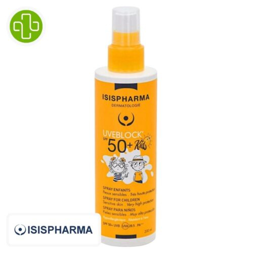 Produit de la marque Isispharma UVEBlock Spray Solaire Invisible Pour Enfants Spf50 - 200ml sur un fond blanc avec un logo Parachezvous et celui de de la marque Isispharma