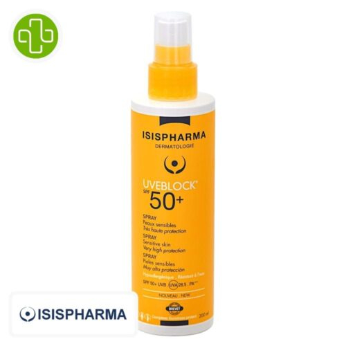 Produit de la marque Isispharma UVEBlock Spray Solaire Invisible Spf50 - 200ml sur un fond blanc avec un logo Parachezvous et celui de de la marque Isispharma
