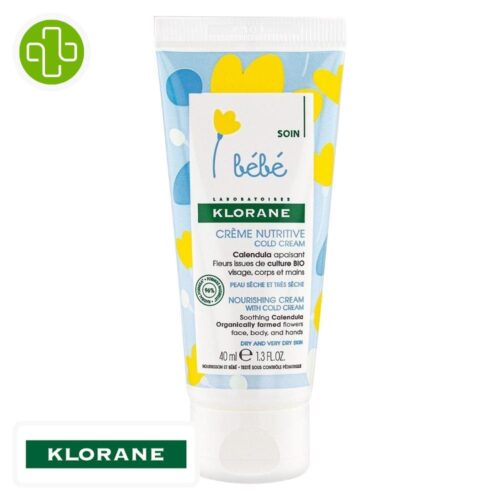 Produit de la marque Klorane Bébé Crème Nutritive au Cold Cream - 40ml sur un fond blanc avec un logo Parachezvous et celui de de la marque klorane