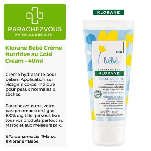 Produit de la marque Klorane Bébé Crème Nutritive au Cold Cream - 40ml sur un fond blanc, vert et gris avec un logo Parachezvous et celui de la marque klorane ainsi qu'une description qui détail les informations du produit