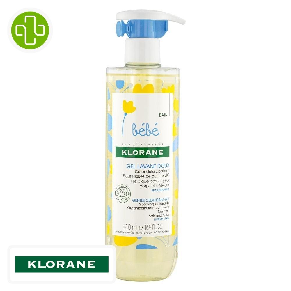 Produit de la marque Klorane Bébé Gel Lavant Doux au Calendula - 500ml sur un fond blanc avec un logo Parachezvous et celui de de la marque klorane