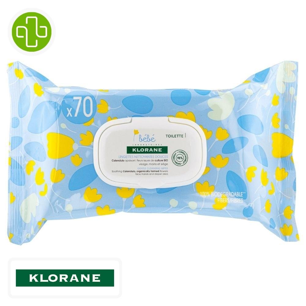 Produit de la marque klorane bébé lingettes nettoyantes douces - 70 unités sur un fond blanc avec un logo parachezvous et celui de de la marque klorane