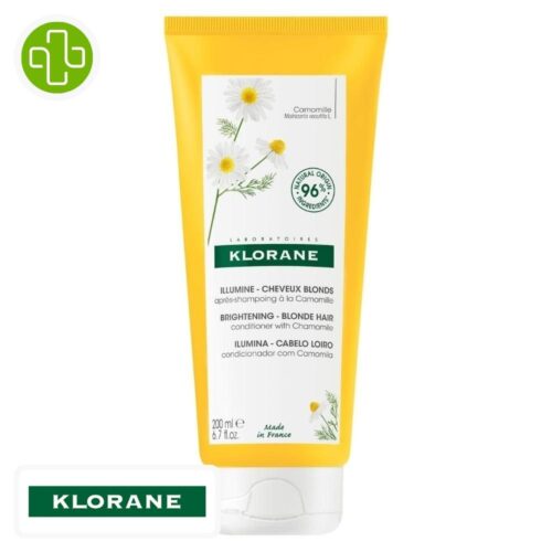 Produit de la marque Klorane Camomille Après-Shampooing Démêlant - 200ml sur un fond blanc avec un logo Parachezvous et celui de de la marque klorane