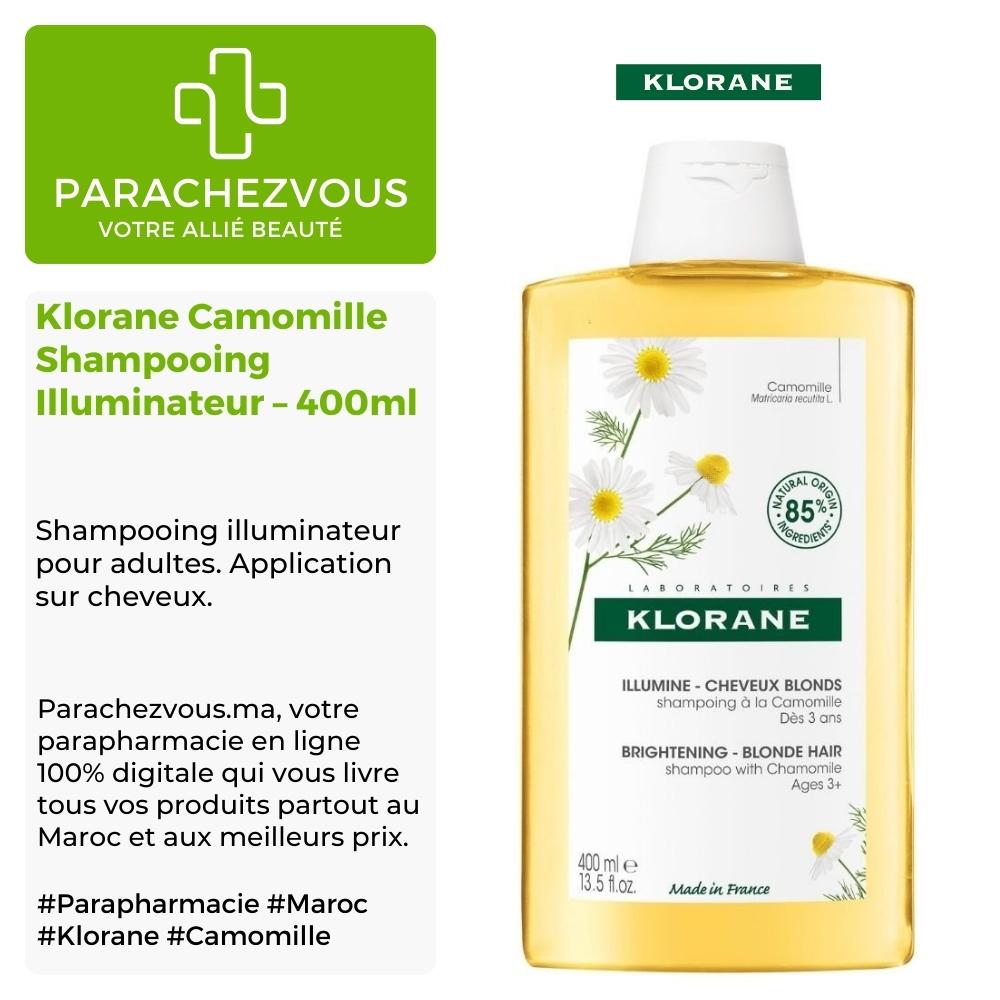 Produit de la marque klorane camomille shampooing illuminateur - 400ml sur un fond blanc, vert et gris avec un logo parachezvous et celui de la marque klorane ainsi qu'une description qui détail les informations du produit