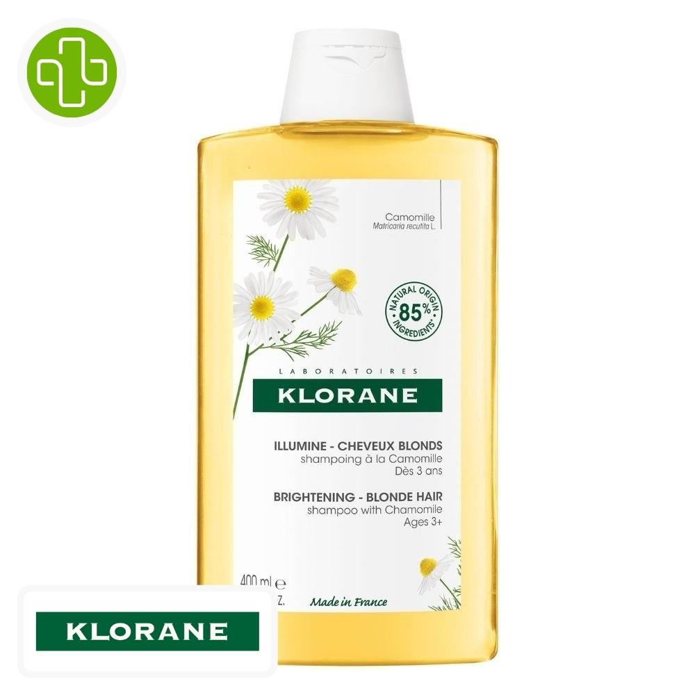 Produit de la marque klorane camomille shampooing illuminateur - 400ml sur un fond blanc avec un logo parachezvous et celui de de la marque klorane