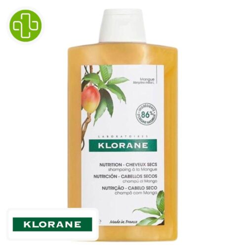 Produit de la marque Klorane Mangue Shampooing Nourrissant - 400ml sur un fond blanc avec un logo Parachezvous et celui de de la marque klorane
