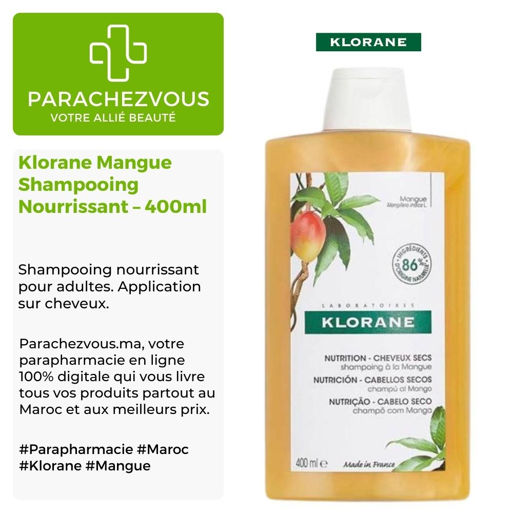 Produit de la marque klorane mangue shampooing nourrissant - 400ml sur un fond blanc, vert et gris avec un logo parachezvous et celui de la marque klorane ainsi qu'une description qui détail les informations du produit