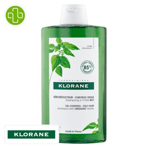 Produit de la marque klorane ortie bio shampooing séboréducteur - 400ml sur un fond blanc avec un logo parachezvous et celui de de la marque klorane