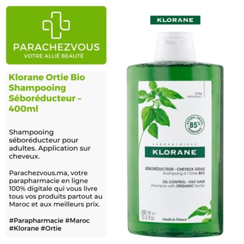 Produit de la marque klorane ortie bio shampooing séboréducteur - 400ml sur un fond blanc, vert et gris avec un logo parachezvous et celui de la marque klorane ainsi qu'une description qui détail les informations du produit