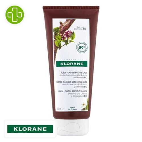 Produit de la marque Klorane Quinine & Edelweiss Bio Après-Shampooing Fortifiant - 200ml sur un fond blanc avec un logo Parachezvous et celui de de la marque klorane