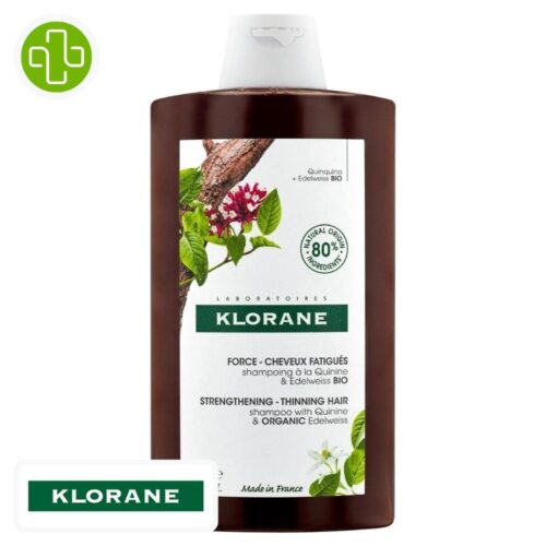 Produit de la marque Klorane Quinine & Edelweiss Bio Shampooing Fortifiant - 400ml sur un fond blanc avec un logo Parachezvous et celui de de la marque klorane